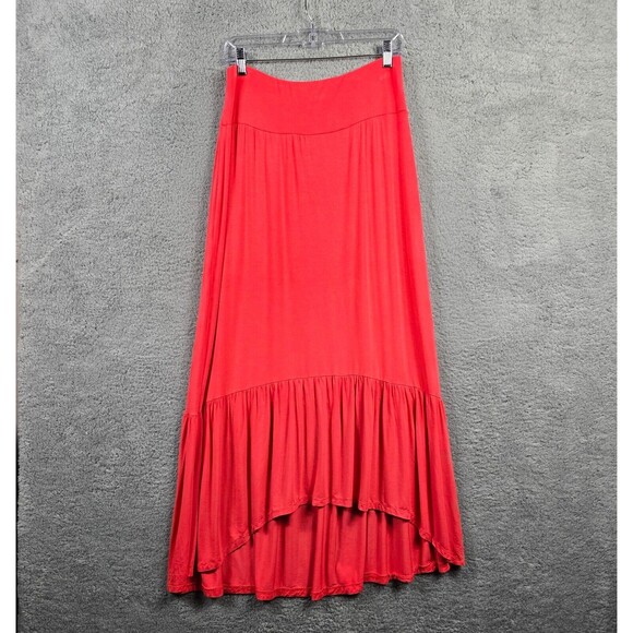 Womens A-line Skirt 1X Coral Red Asymmetrical Maxi High Waist Boho Flowy Chic - Picture 1 of 6